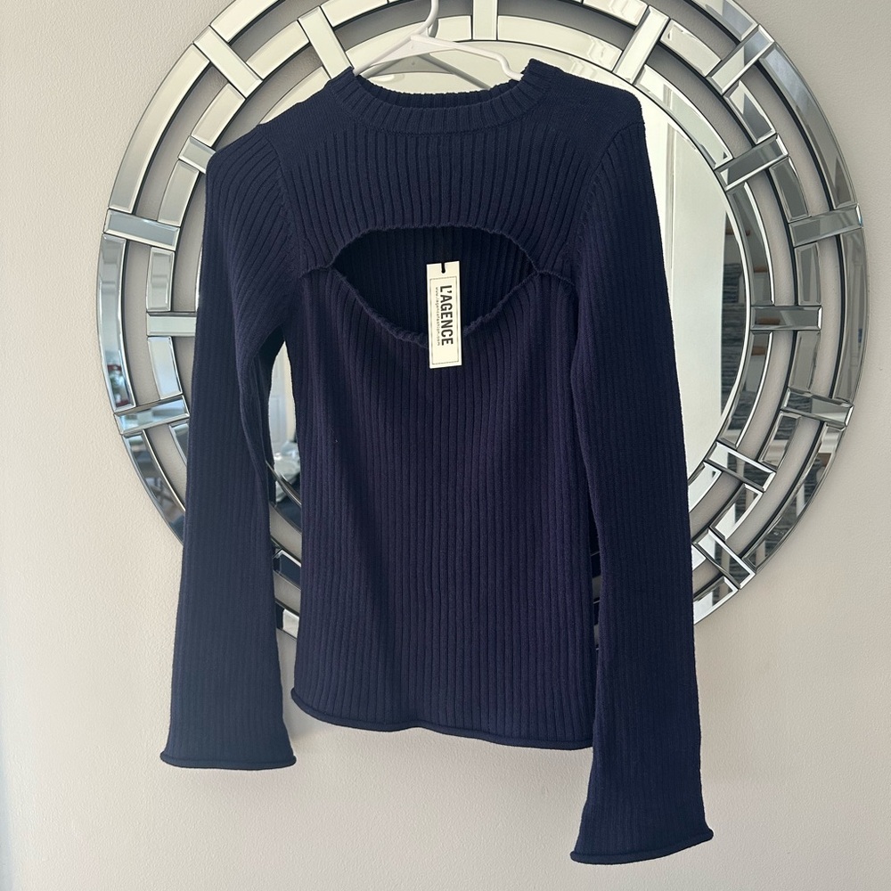 L'AGENCE Navy Blue pasha Ribbed Cut Out Long Sleeve Blouse